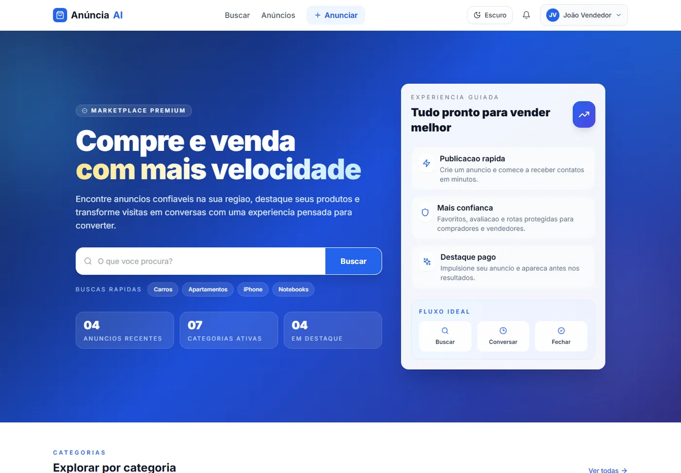 Interface do marketplace Anúncia Aí