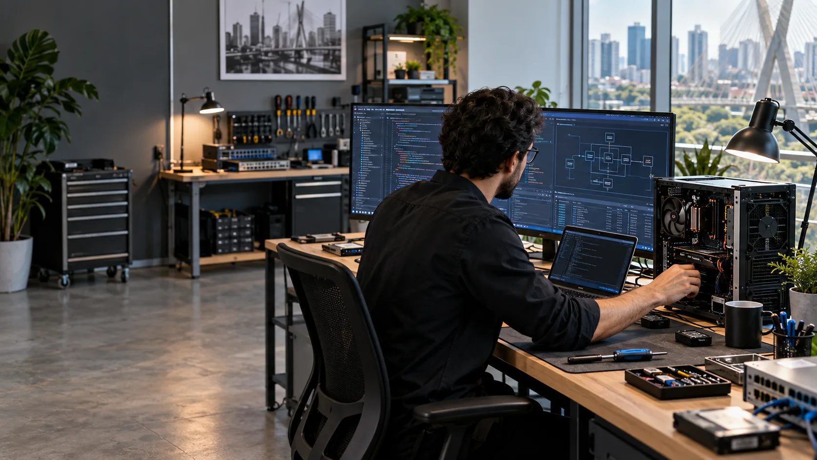 Profissional trabalhando com desenvolvimento de software e manutenção de computador